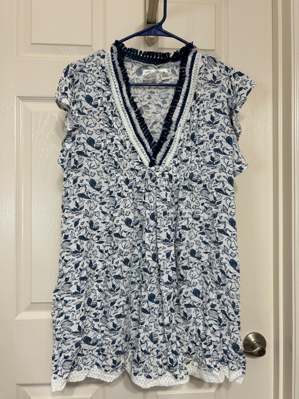 Japna White and Navy Floral V-Neck Tunic with Crochet Trim